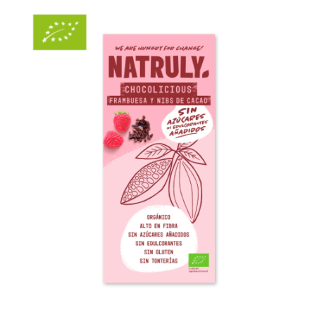 Tableta bio de chocolate con frambuesa y nibs de cacao Tableta 85 gr